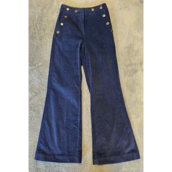 Pink Martini Blue Corduroy Sailor Wide-Leg Pants Gold-Toned Button Womens Sz XS - Picture 1 of 9